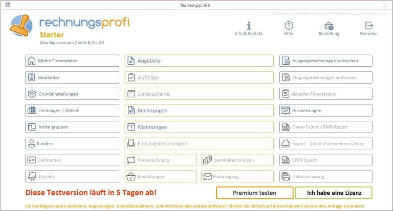 Rechnungsprogramm Rechnungsprofi Starter Hauptmaske für das Rechnungsprogramm Rechnungsprofi Starter