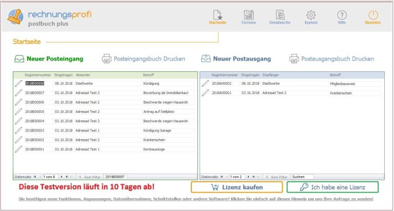 Rechnungsprofi Postbuch Plus - Posteingang und Postausgang digital verwalten Hauptmaske Postbuch Plus mit Übersicht über Posteingang und Postausgang