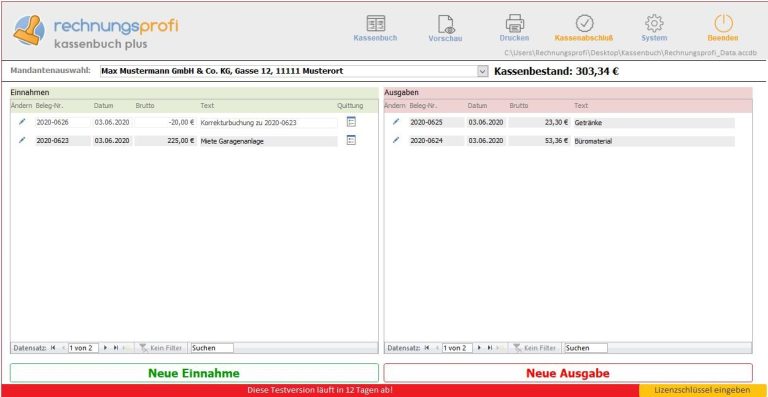 Hauptmaske der Rechnungsprofi Kassenbuch Plus Software für GoBD-konforme Kassenführung Screenshot Hauptmaske von Rechnungsprofi Kassenbuch Plus – Software zur digitalen, GoBD-konformen Verwaltung von Bar Einnahmen und Ausgaben