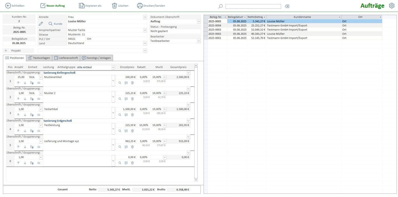 Auftragsmaske der RechnungsProfi Software mit Kundendaten, Positionen und Projektstatus – für professionelle Auftragsabwicklung
