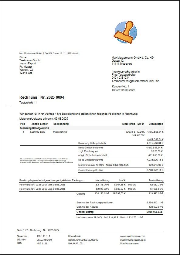 Kumulative Abschlagsrechnung – transparente Teilabrechnung im Rechnungsprofi Kumulative Abschlagsrechnung mit Übersicht aller bisherigen Teilrechnungen, Zuschlägen und Abschlägen und Restbetrag im Rechnungsprogramm