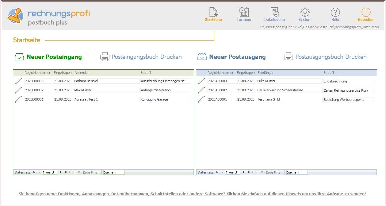 Digitales Posteingangsbuch und Postausgangsbuch Hauptmaske Postbuch Programm