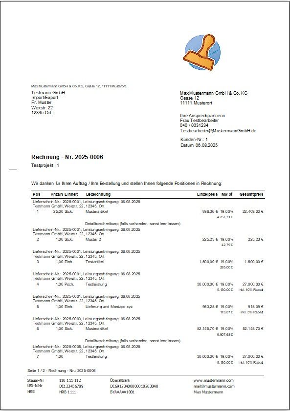 Ausdruck einer Sammelrechnung aus Rechnungsprofi Software – Übersicht mehrerer Lieferungen und Leistungen in einem Dokument