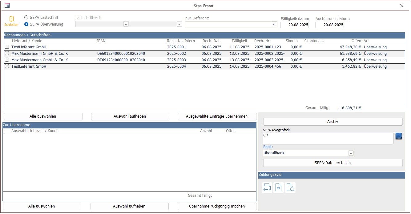 SEPA-Schnittstelle: Überweisungen und Lastschriften im Online-Banking Screenshot der SEPA-Schnittstelle mit Überweisungs- und Lastschriftoptionen für Online-Banking