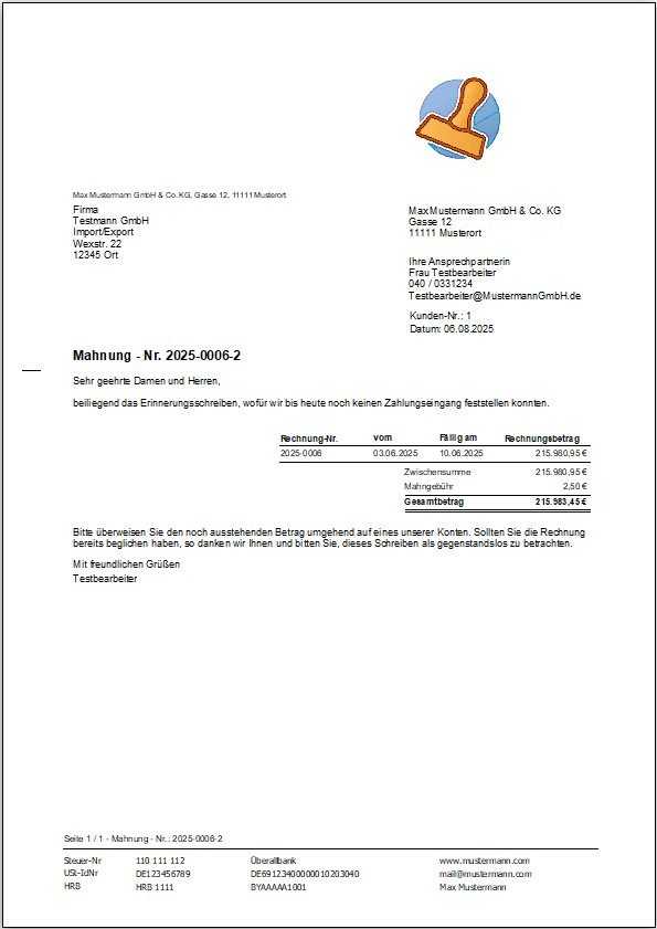 Mahnungs-Ausdruck aus Rechnungsprofi – übersichtlich und rechtssicher Ausdruck eines Lieferscheins aus Rechnungsprofi Software – übersichtlich mit Kundendaten, Positionen und Lieferdetails
