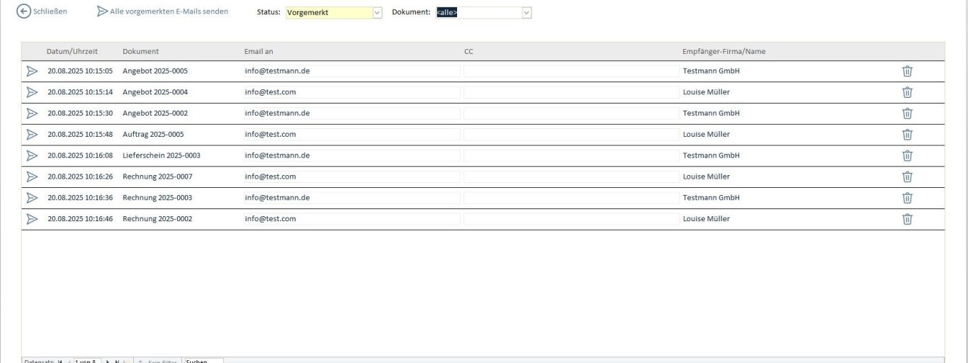 Mailing Tool in Rechnungsprofi - Dokumente direkt versenden Screenshot: z.B. Angebote, Rechnungen und Mahnungen direkt per E-Mail mit Rechnungsprofi Premium versenden