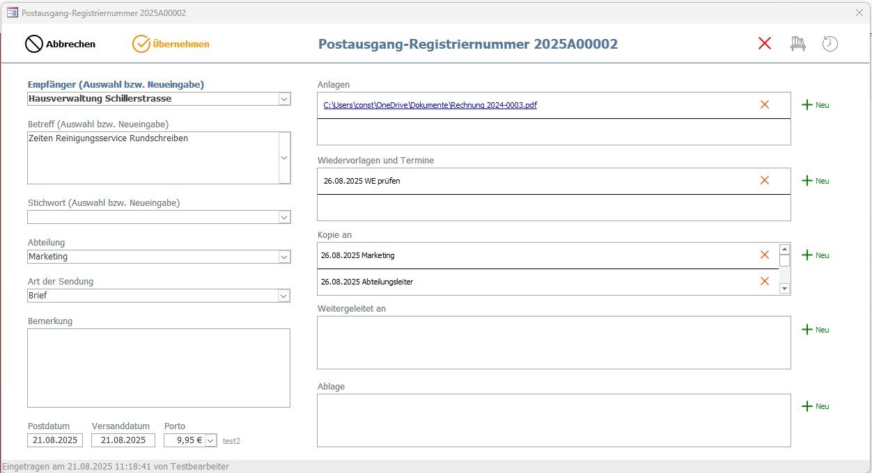 Beispiel für Dateneingabe im digitalen Postbuch Daten im digitalen Postbuch eintragen – intuitive Formulare und Schnellübersichten für effiziente Postverwaltung
