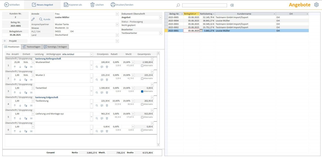 Angebote schreiben in der Rechnungsprofi Software mit Firmenlayout, Rabatten und Mehrwertsteuer – übersichtlich und GoBD-konform