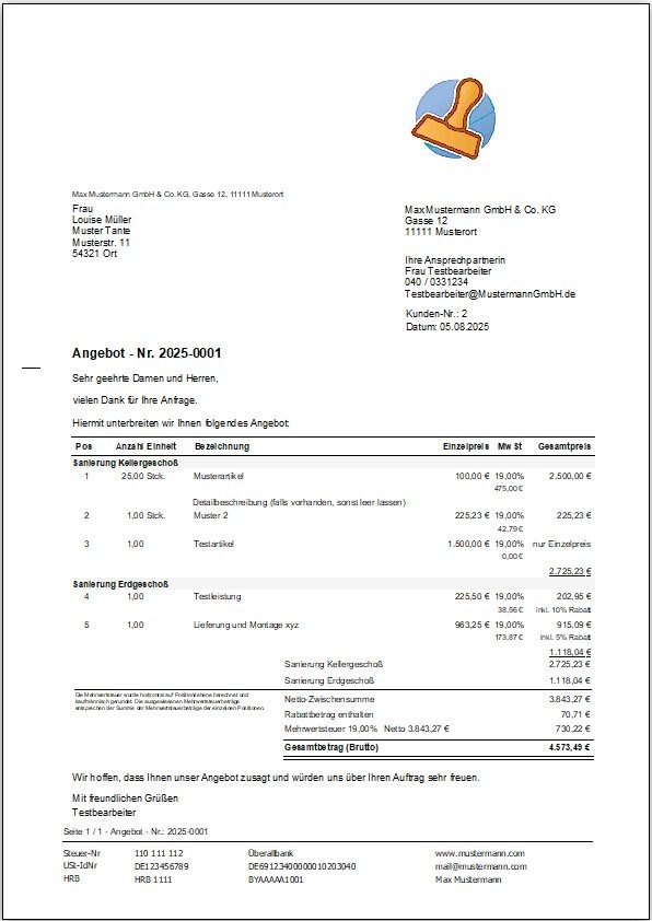 Beispiel für ein professionell erstelltes Angebot mit Artikelliste, Preisen und Mehrwertsteuer – erstellt mit der Rechnungssoftware 