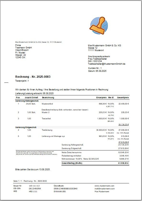 Klassischer Rechnungsausdruck oder als PDF – professionell und rechtskonform Beispiel einer klassischen Rechnung als Ausdruck/ PDF mit übersichtlichen Positionen, Mehrwertsteuer und automatischer Belegnummerierung