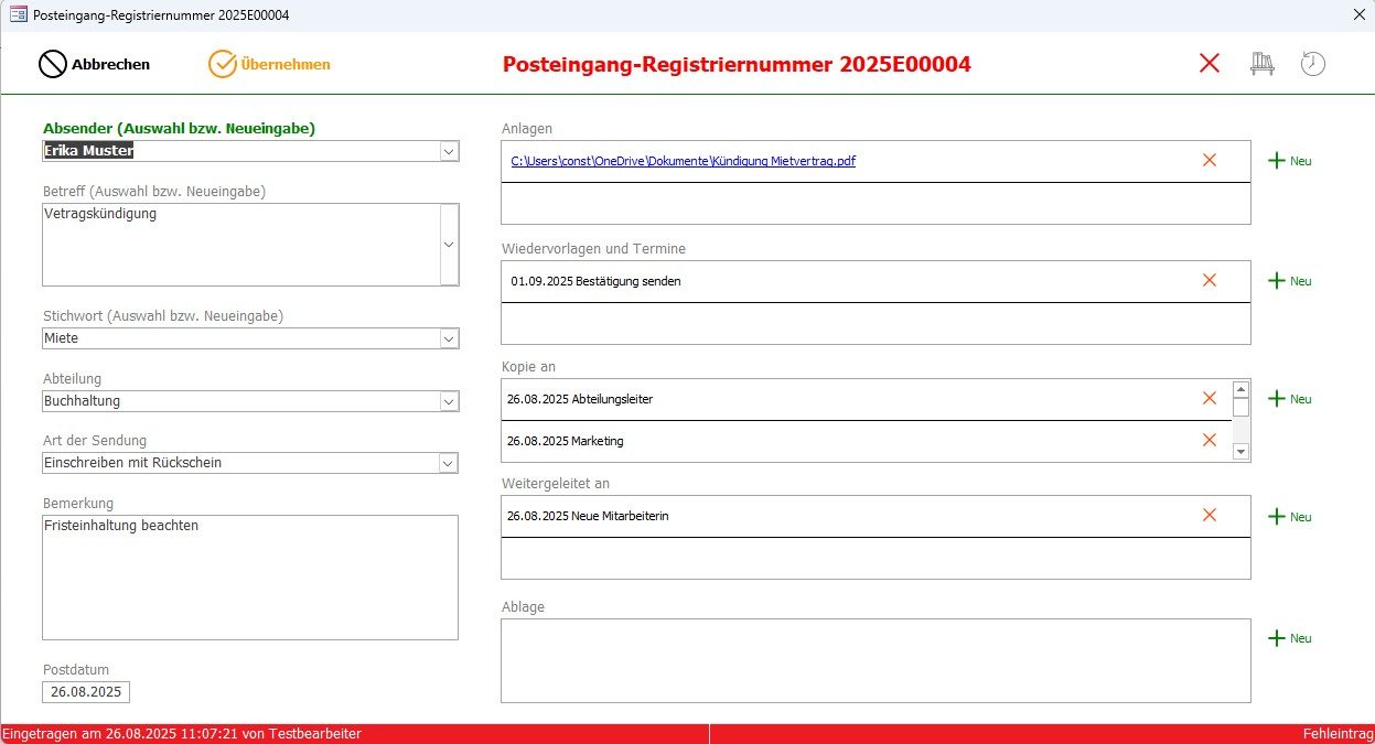 Lückenlose Dokumentennummerierung im digitalen Postbuch Posteingangsbuch und Postausgangsbuch mit automatischer Nummerierung für nachvollziehbare Dokumentenverwaltung, Markierung Fehleinträge