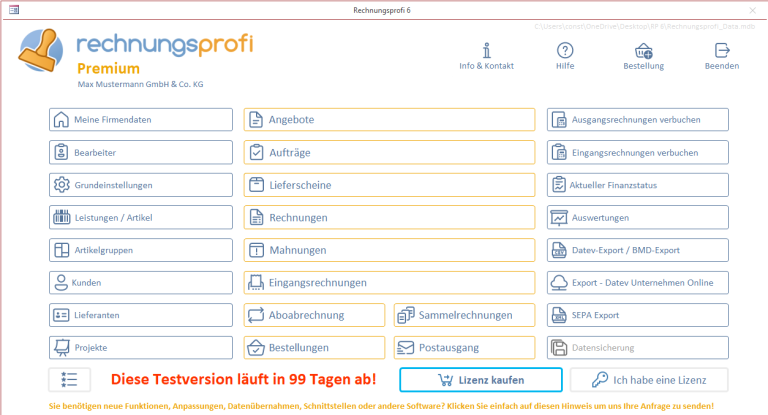 Hauptmaske Rechnungsprofi Premium, der professionellen Rechnungssoftware mit E-Rechnung, DATEV-Export und umfassender Auftragsbearbeitung