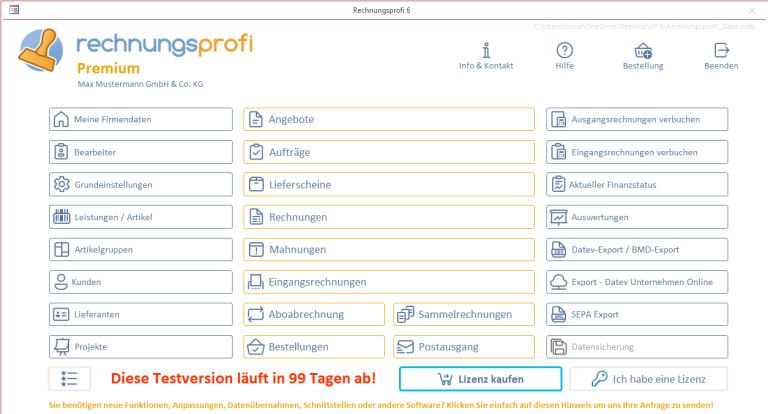 Hauptmaske Rechnungsprogramm Rechnungsprofi Premium
