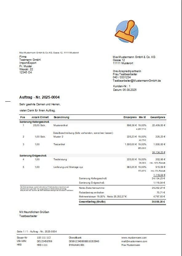 Beispiel für einen professionellen Auftragsdruck mit Kundeninformationen, Artikelpositionen und Preisen – erstellt mit RechnungsProfi