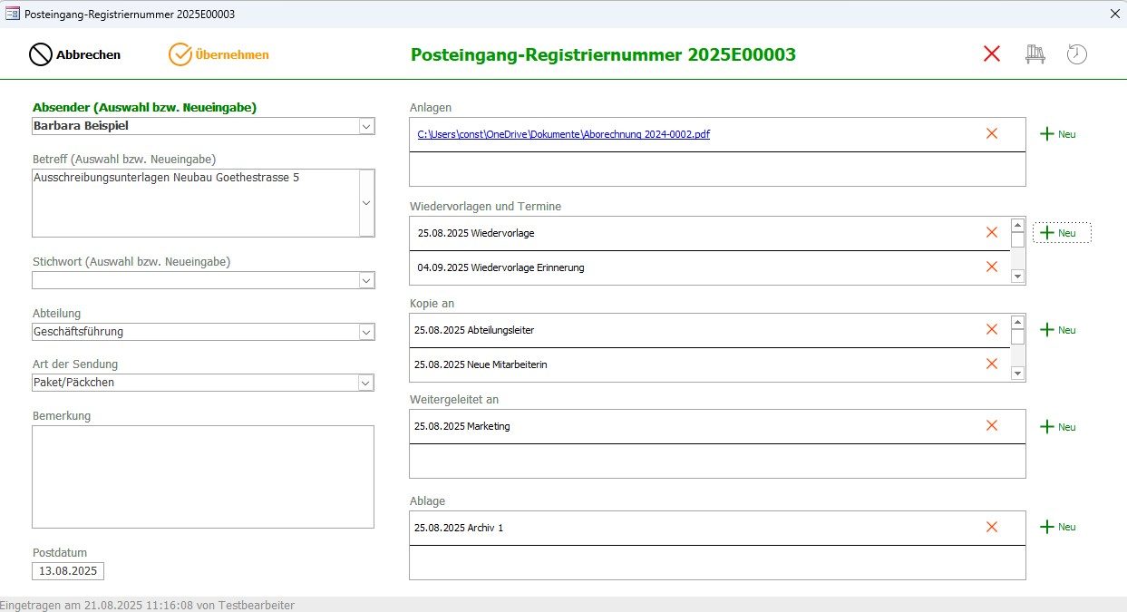Anlagen, Anhänge, Weiterleitungen und Termine im digitalen Postbuch Digitale Postverwaltung mit beliebig vielen Anhängen, Weiterleitungen von Posteingängen und Ausgängen sowie Wiedervorlagen und Termine