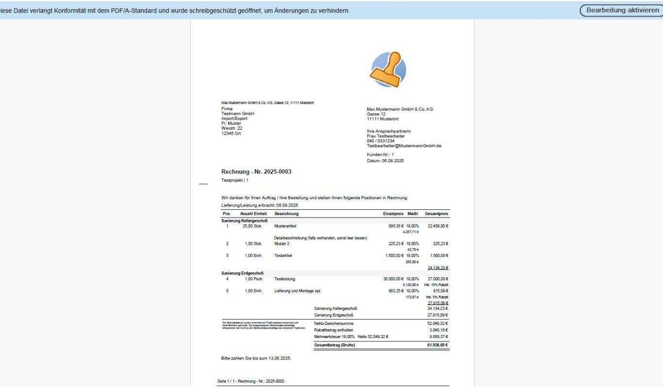 Beispiel einer ZUGFeRD-Rechnung mit eingebetteten XML-Daten, erstellt mit Rechnungssoftware für digitalen Rechnungsaustausch